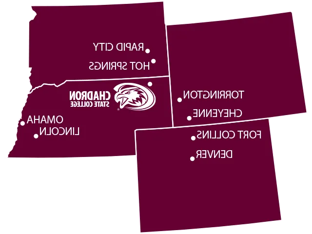 内布拉斯加州, 南达科塔州, 怀俄明, and Colorado state outlines with Chadron marked